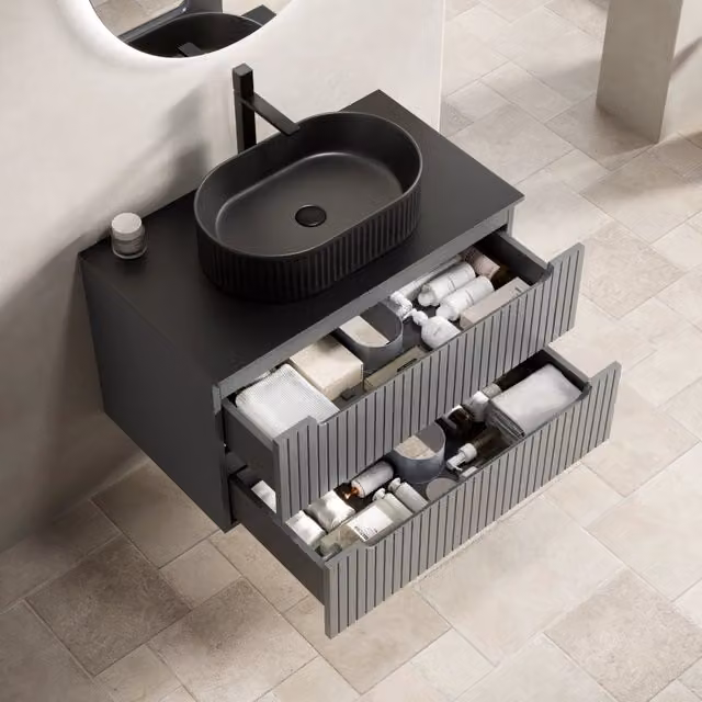 Mobile sottolavabo sospeso con lavabo in ceramica piano in pietra sinterizzata e 2 cassetti ammortizzati 80 cm