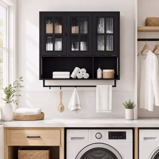 Mobile pensile WISHDOR nero opaco con ante in vetro e ripiani interni per bagno o soggiorno L: 82,5 cm, P: 26 cm, H: 10 cm