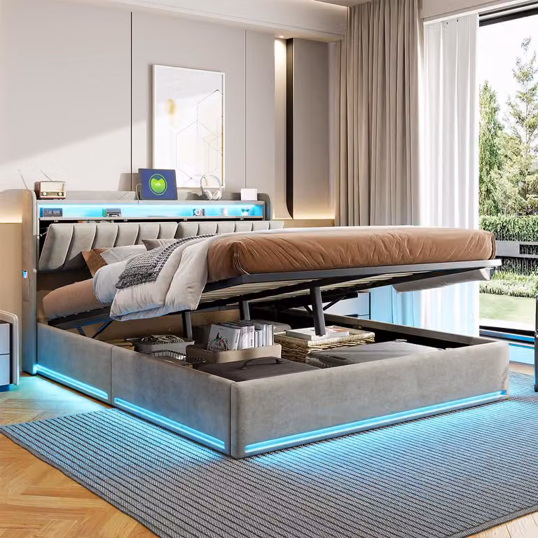 UnboxG UnboxG letto imbottito 140x190cm con USB, letto giovanile matrimoniale con rete a doghe e contenitore, letto contenitore con LED, letto funzionale letto giovanile, letto a molle, velluto, grigio