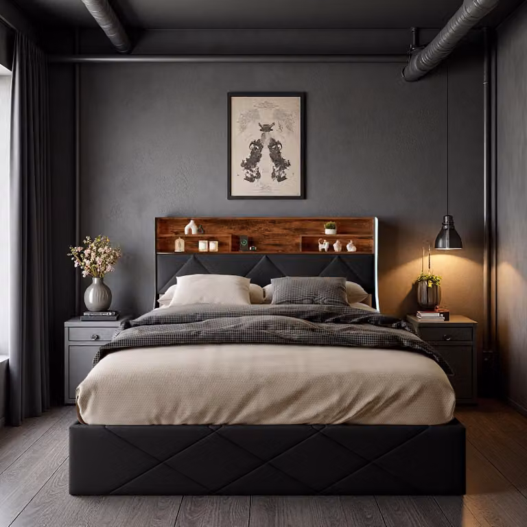 Letto idraulico ProximaX 160×200 cm, nero, in Finto cuoio, testata con porta USB e vano portaoggetti, ampia base letto, strisce luminose a LED su entrambi i lati