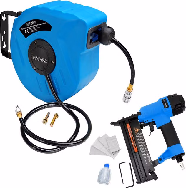 Set Monzana composto da avvolgitubo per aria compressa da 10m e cucitrice pneumatica blu con montaggio a parete – 1