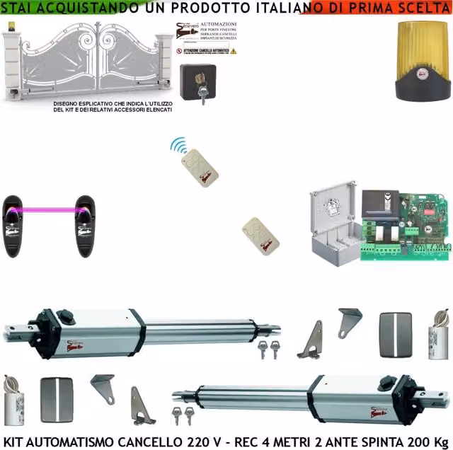 Cancello Automatico 4 MT 2 Ante Kit 2 Motori 230 V Stelo Retrattile 2 Radiocomandi Fotocellule Faro Selettore Cartello Monitore Centrale Riprogrammabile Luce di Cortesia Apertura Condominiale Pedonale