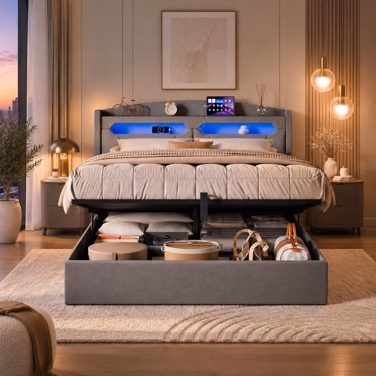 Letto imbottito INONEFT, 140x190 cm, con illuminazione LED, meccanismo a sollevamento idraulico per letto a due piazze con spazio contenitore, testiera e prese USB, letto per ragazzi, tessuto in lino, colore grigio chiaro