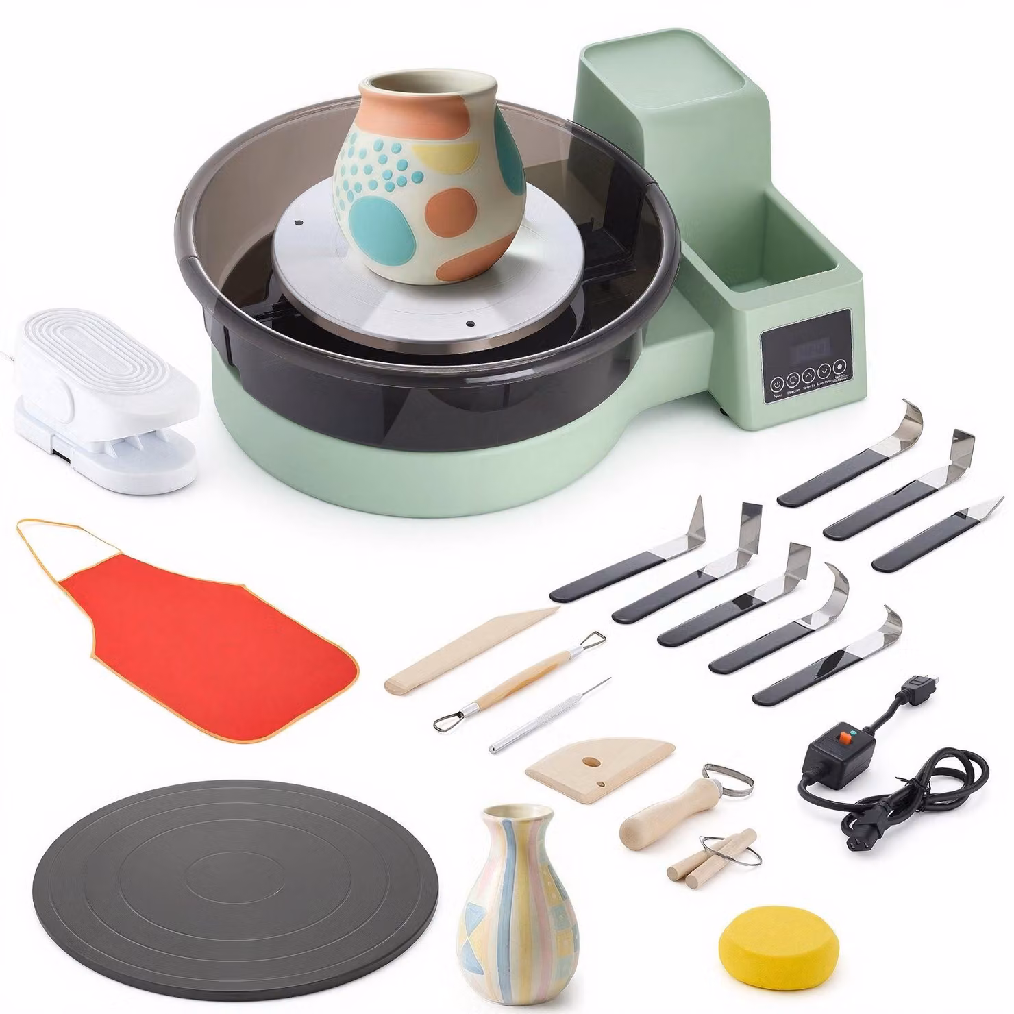 Tornio da vasaio elettrico - Tornio per Vetroceramica - Potenza 450 W - Piatto girevole 28/36 cm - Velocità 30–300 giri/min - Pedale - Cassetta degli attrezzi - Colore verde