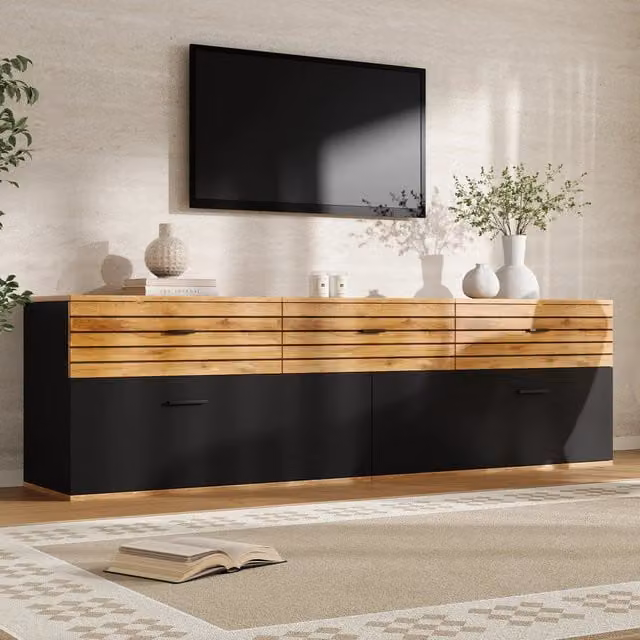 Mobile TV REDOM in MDF e truciolare, nero e colore legno, con 3 cassetti soft-close, stile industrial, L: 168 cm, P: 38 cm, H: 59 cm