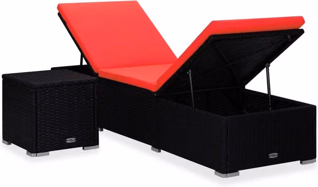 Lettino prendisole da giardino in polyrattan rosso con cuscino e tavolino laterale – 1