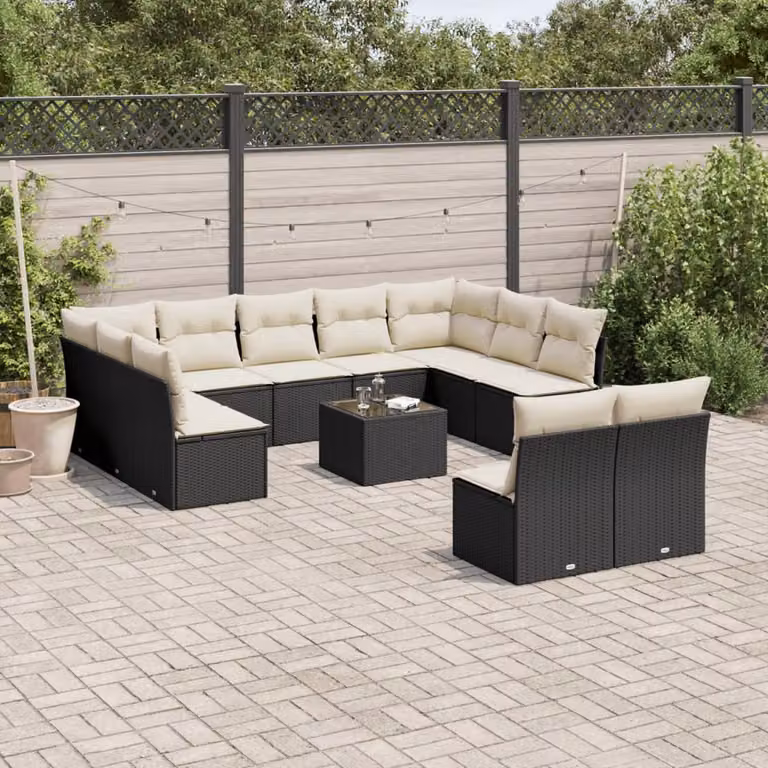 Set di divani da giardino vidaXL a forma di U composto da 12 pezzi con cuscini e tavolino da esterno in polyrattan nero e struttura in metallo