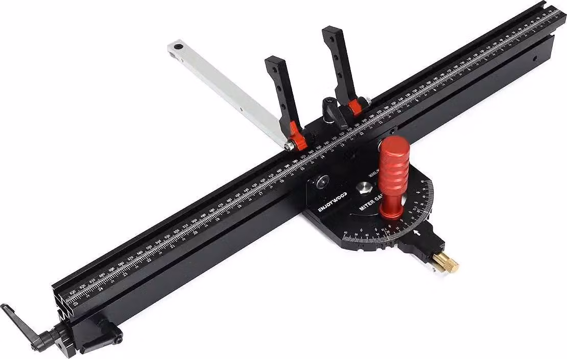 Guida obliqua per legno - Guida M1 Pro con prolunga - Regolazione dell'angolo da 0 a 60° - Guida da 1200 mm - Per sega da banco e router - Rosso/Argento