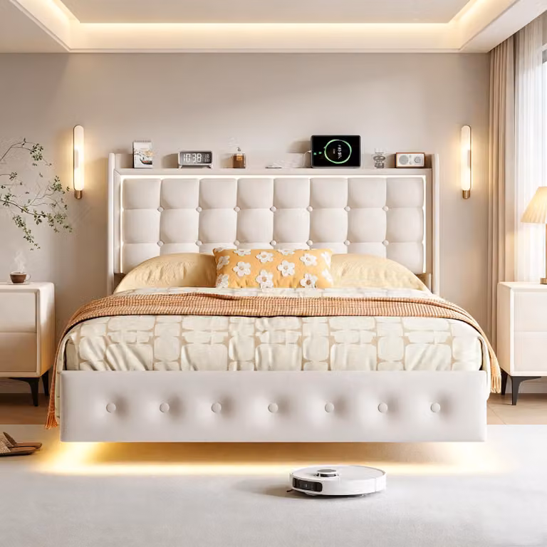 INONEFT, letto sospeso 160x200 cm, letto imbottito con LED e USB, letto matrimoniale con rete a doghe, letto per ragazzi, letto per ospiti, velluto, bianco