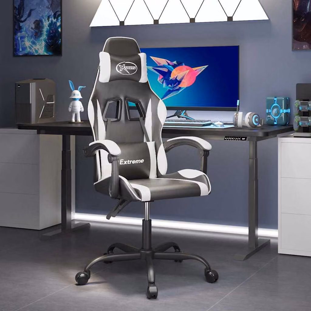 Sedia da Gaming vidaXL in Similpelle Nero e Bianco con Poggiatesta e Ruote, Girevole a 360 Gradi