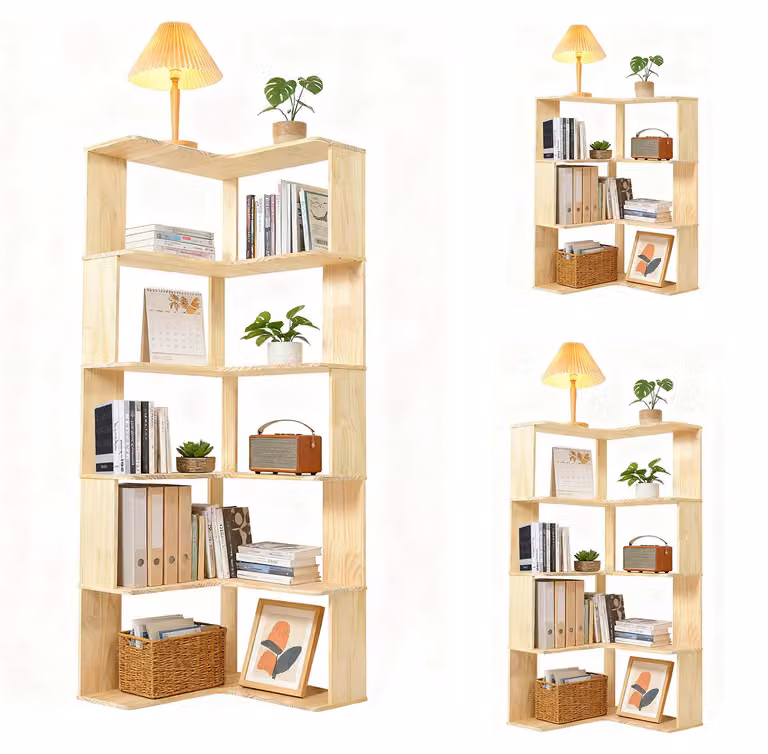 Libreria angolare a forma di L - 6 ripiani - 157x60x60 cm - Legno - Mobile autoportante