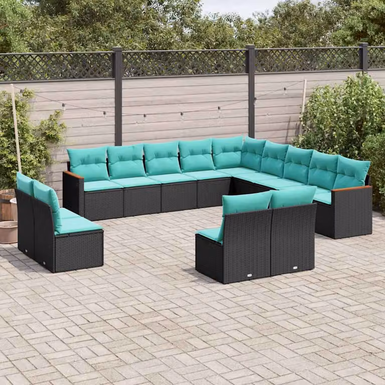 Set di divani da giardino vidaXL a forma di U composto da 13 pezzi con cuscini in poliestere resistente ai raggi UV e struttura in metallo nero