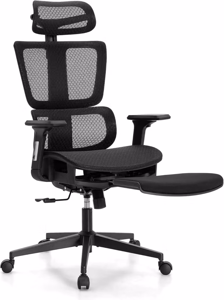 Sedia da ufficio ergonomica con poggiapiedi, schienale in rete e braccioli 3D