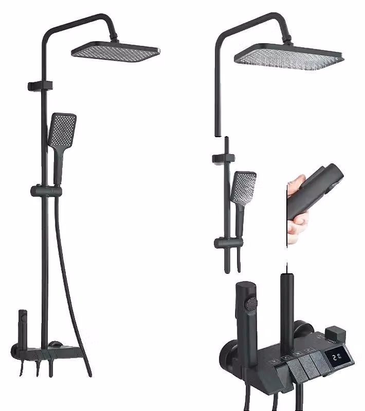 Set di rubinetteria per doccia, con display digitale, opzioni per doccetta a pioggia e doccetta manuale, e display nero