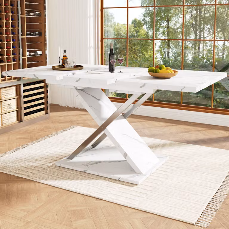 MODFU Tavolo da pranzo 118-157×75 cm, Tavolo allungabile per cucina e soggiorno, Tavolo regolabile, Con gambe a croce, Bianco