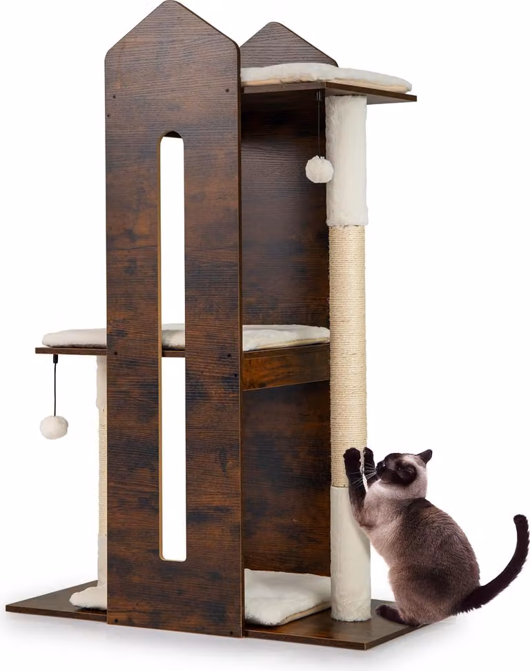 COSTWAY tiragraffi in legno, 120 cm, albero per gatti con tiragraffi, 3 piattaforme, palline e cuscino rimovibile, tiragraffi per gatti albero di arrampicata per gatti albero di attività
