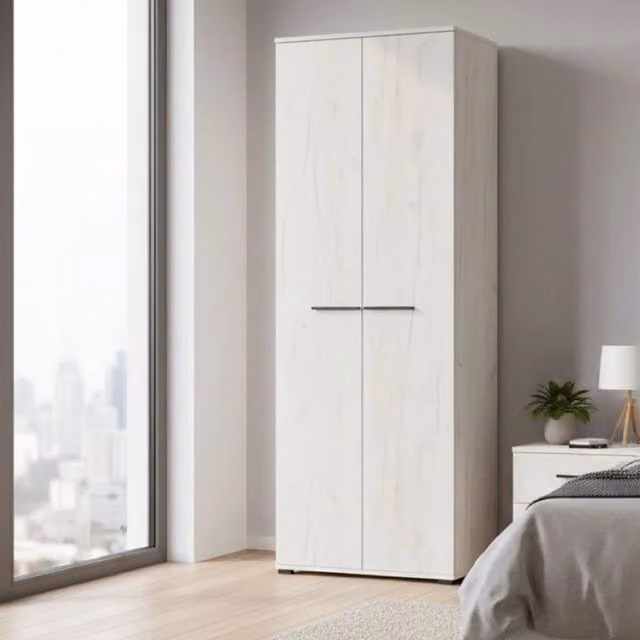 Armadio per camera da letto DMORA con ante a battente, ripiani interni e appendiabiti, Bianco Larice, L: 68 cm, H: 195 cm – 1