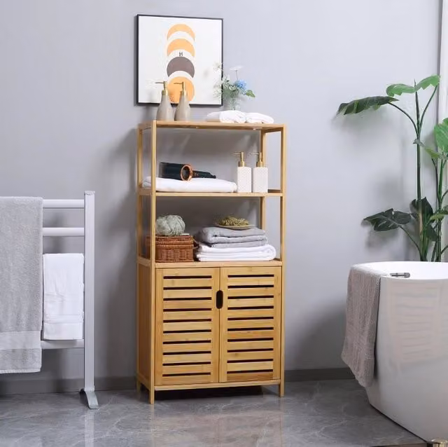 Mobile bagno in bambù con ante a lamelle; 2 ripiani aperti; 60 x 30 x 120 cm; naturale