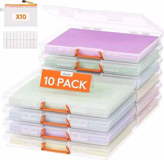 Organizzatore per archiviazione A4 in plastica trasparente e multicolore con coperchio e maniglia, scatola portatile pieghevole per ufficio e documenti L: 32,1 cm, P: 24,5 cm, H: 10,0 cm