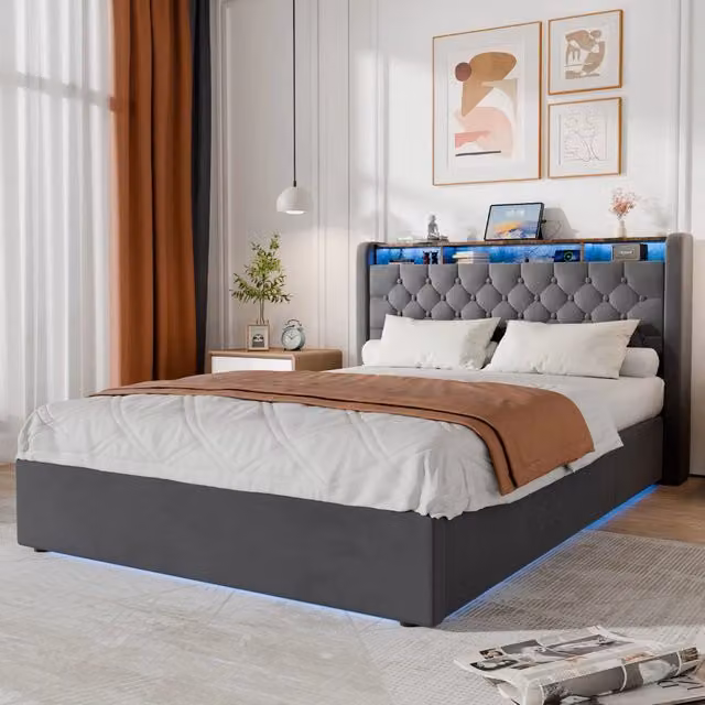 LETTO Imbottito 140 x 200 cm in Velluto Grigio con LED, USB e Contenitore