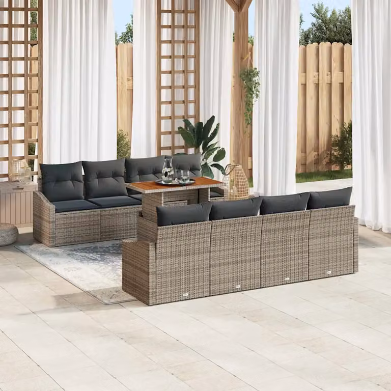 Set Divano da Giardino vidaXL 9 Pezzi a Forma di U in Polyrattan Grigio con Cuscini e Tavolino da Caffè