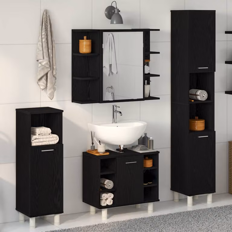 Set di mobili per il bagno vidaXL 4 pezzi in stile minimalista nero e legno ingegnerizzato