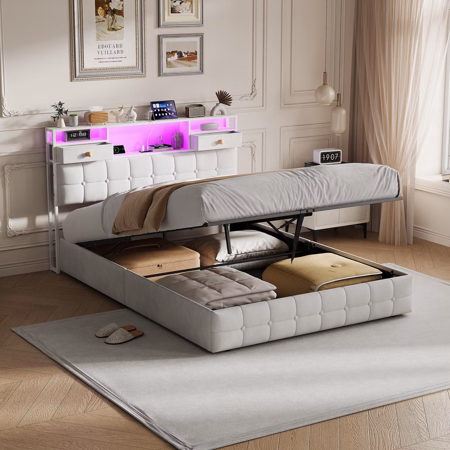 Letto imbottito REMZETTA, 140 x 200 cm, con contenitore, sistema di sollevamento idraulico, 2 cassetti nella testiera e illuminazione LED, color beige, per adulti
