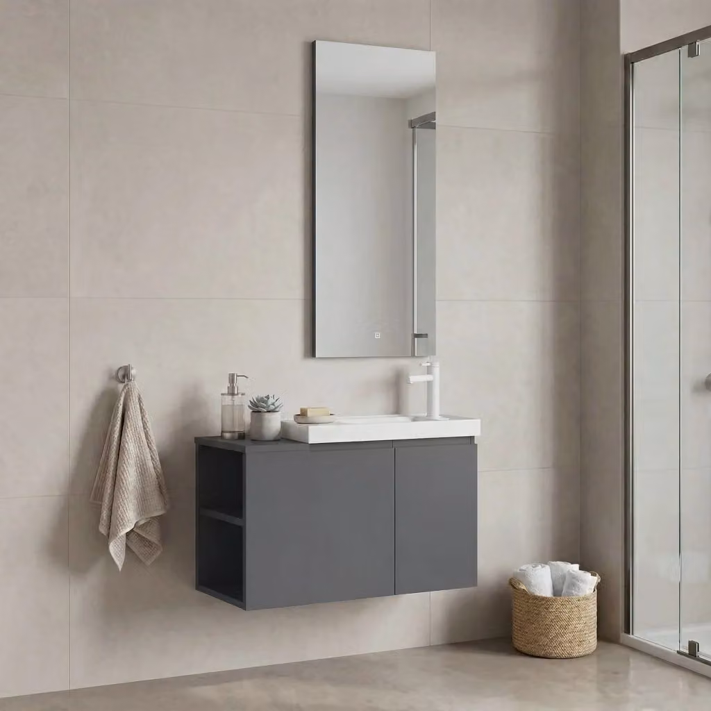 Set mobile lavabo con specchio Ferla 80 di HANAH HOME, Grigio opaco, L: 80 cm, P: 22 cm, H: 45 cm – 2