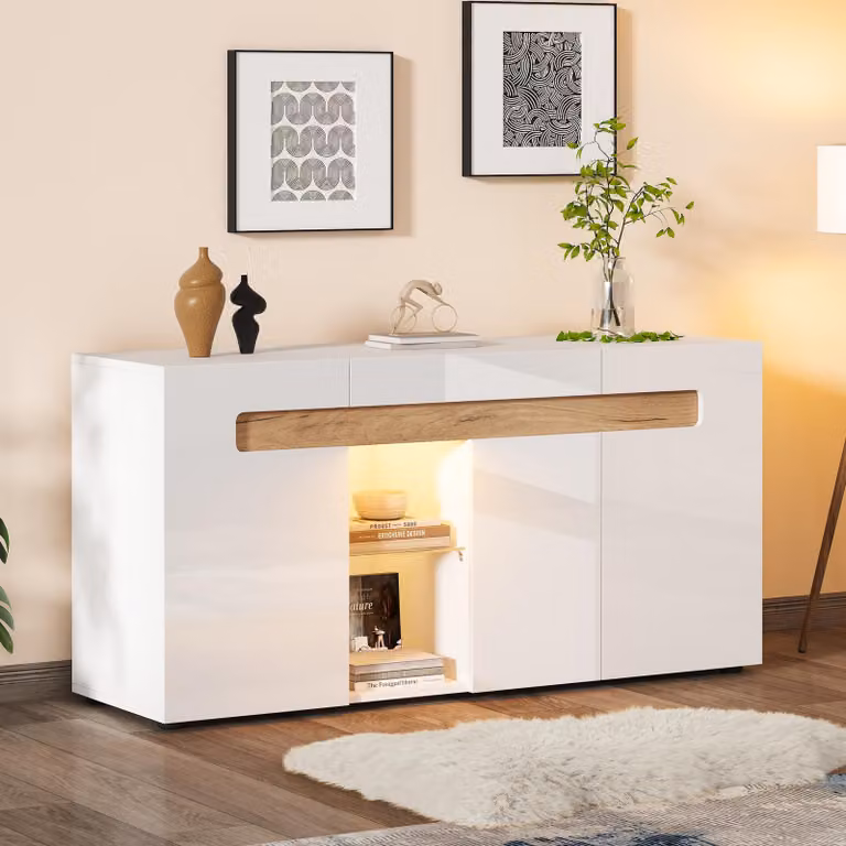 Credenza Merax 140×40×70 cm con ripiani in vetro e controllo app, cassettiera bianca lucida + effetto legno, mobile da soggiorno a 3 ante con sistema di illuminazione USB