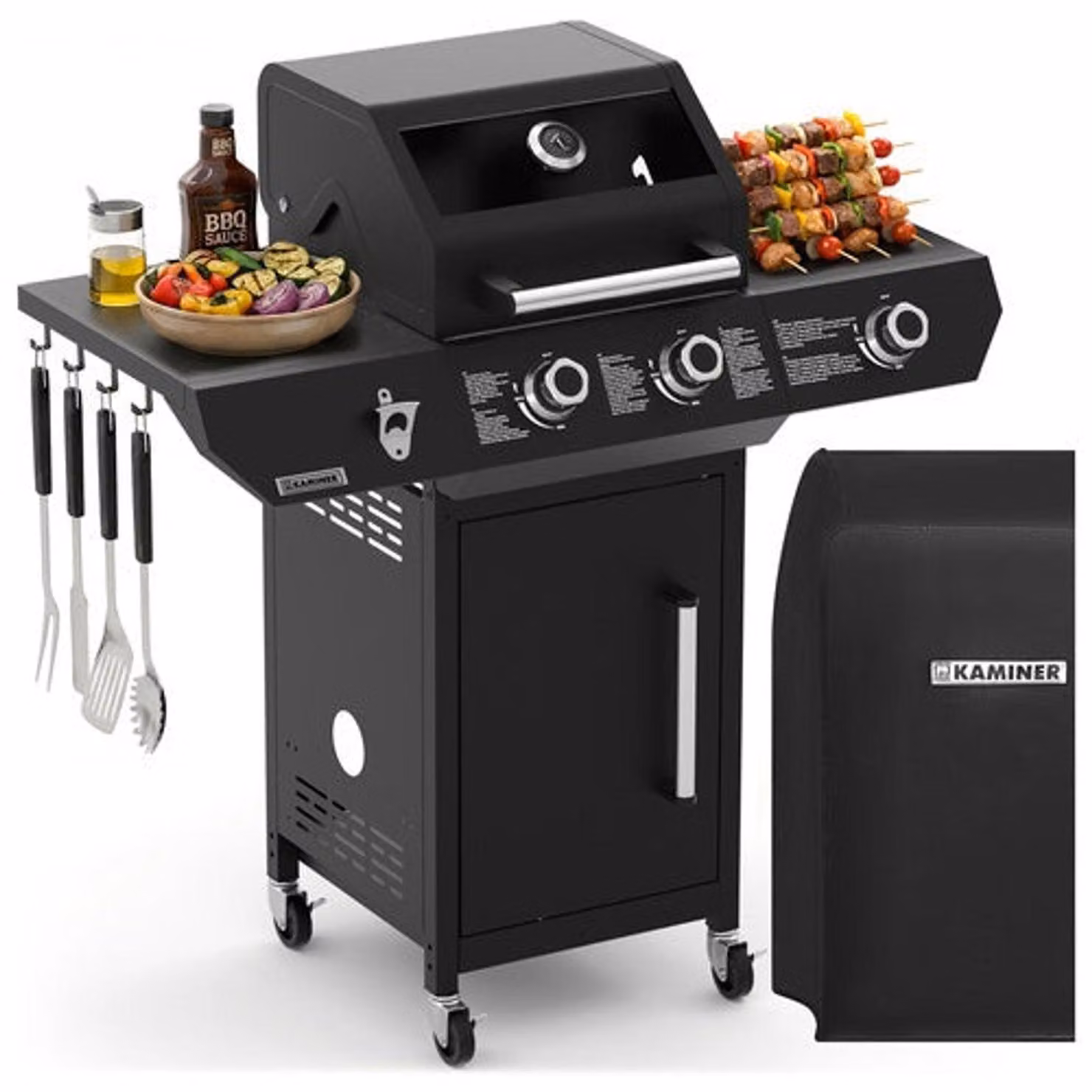 Griglia a gas da 10 kW, nera, in acciaio inox, con girarrosto.