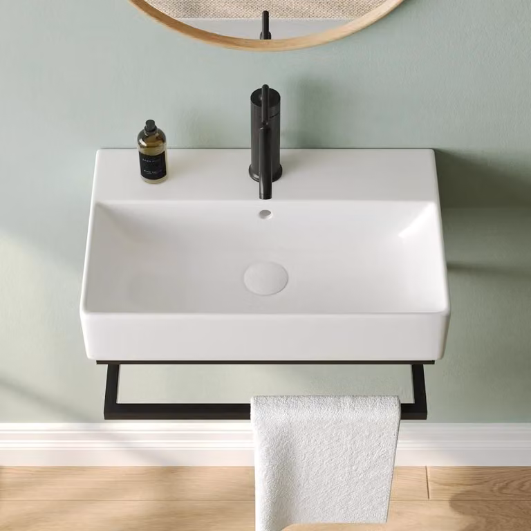 Lavabo – DV-1WS0322B, lavabo da appoggio a parete – Vetroceramica – rettangolare – senza foro per rubinetteria – 12 litri – 56,8 x 36 cm – con sistema antiriflusso