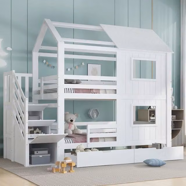 Letto a Castello per Bambini con Cassetti e Doghe ¨C MINIMAL ¨C Pino/MDF, Bianco, 90x200cm