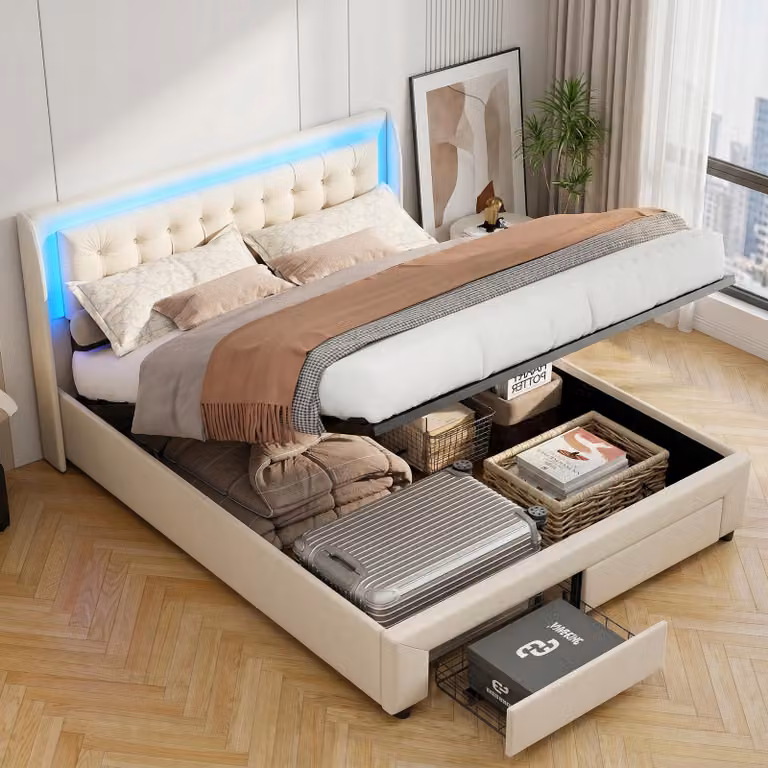 Letto imbottito INONEFT, 140 x 190 cm, con sistema di sollevamento idraulico, spazio contenitore e illuminazione LED, letto per ragazzi con due cassetti, letto matrimoniale, color beige, rivestito in velluto, senza materasso