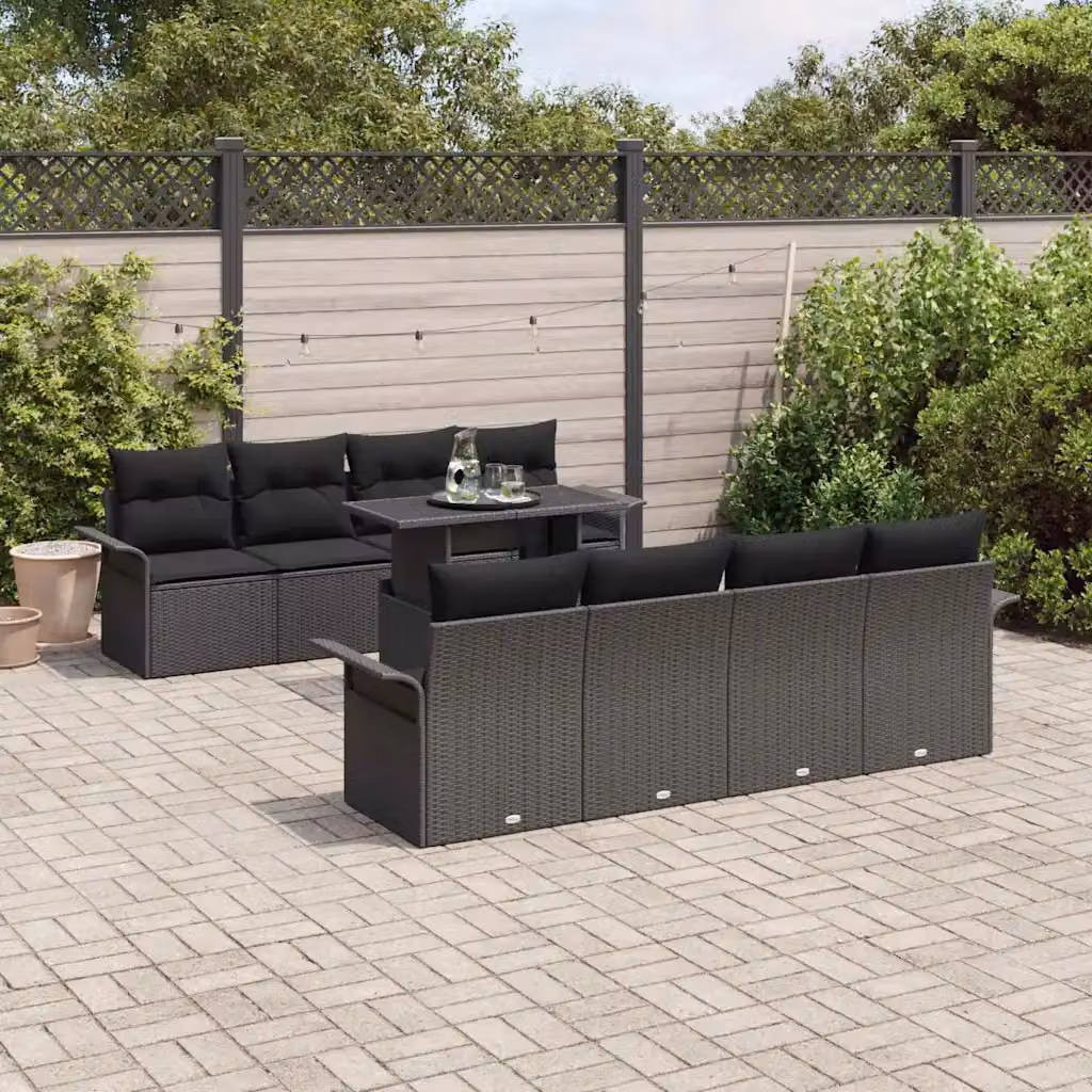 Set Divano da Giardino Moderno vidaXL 9 Pezzi Nero con Cuscini e Tavolino da Caffè in Metallo e Rattan – 1