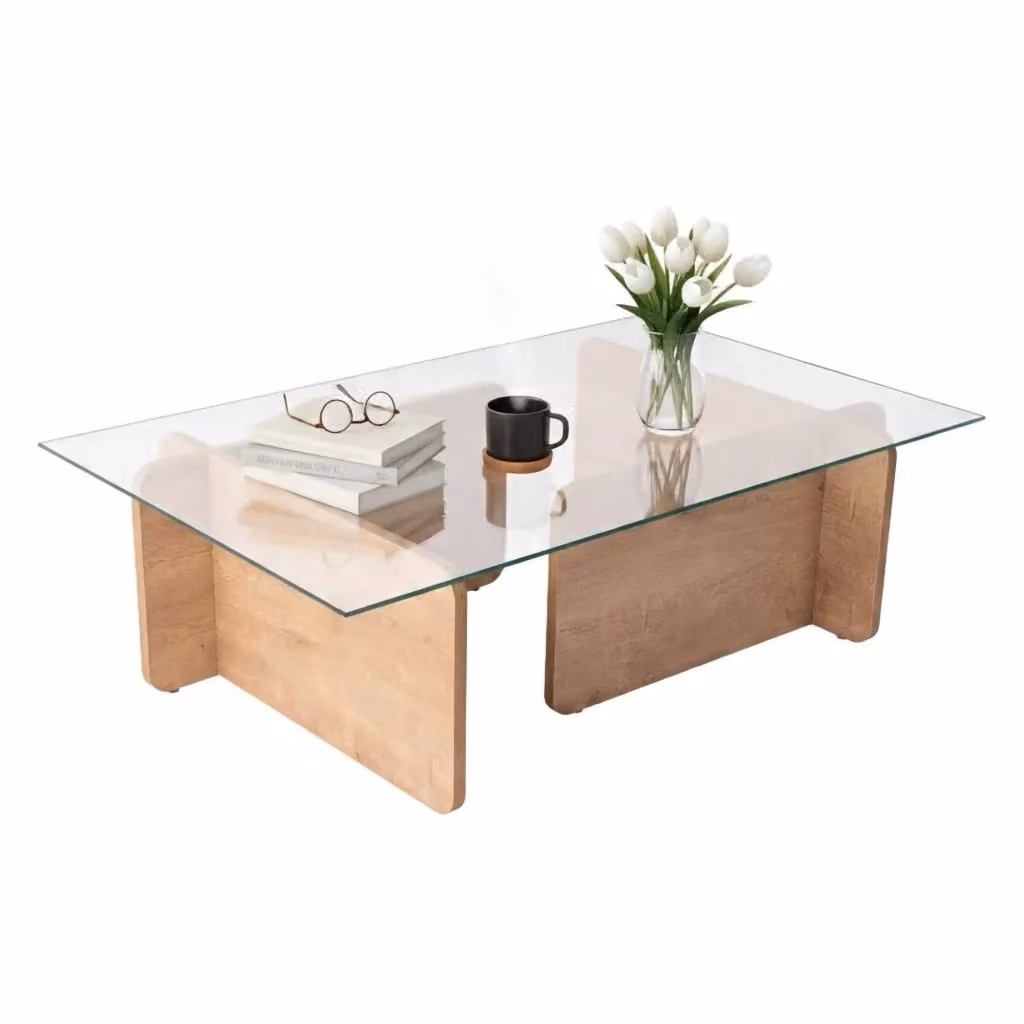 Tavolino da salotto moderno Kallias in legno rovere e vetro trasparente, L: 105 cm, P: 65 cm, H: 30 cm – 2