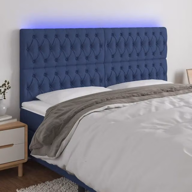 Testiera per letto moderna vidaXL in tessuto blu con illuminazione LED integrata e porta di ricarica USB, L: 200 cm, P: 7 cm, H: 118-128 cm – 1