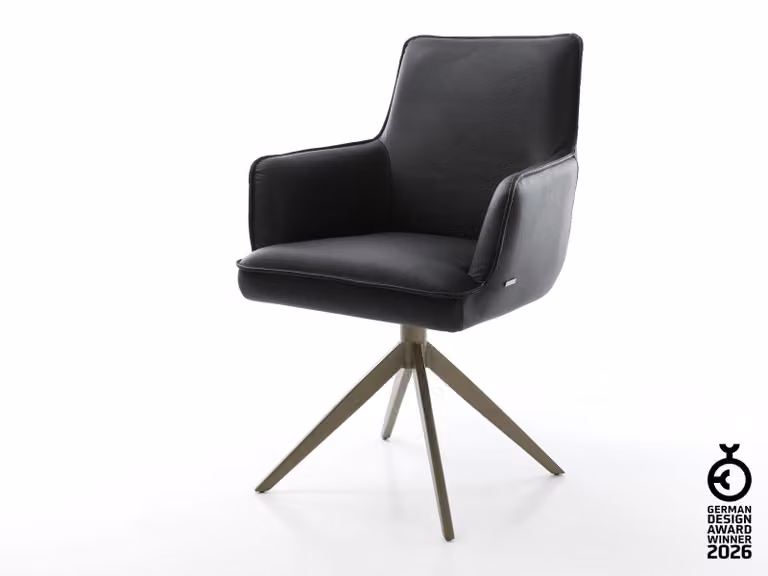 Sedia girevole DELIFE Heira-Flex con braccioli in vera pelle nera, base a croce larga, finitura effetto titanio, rotazione a 360°, funzione oscillante, molle insacchettate