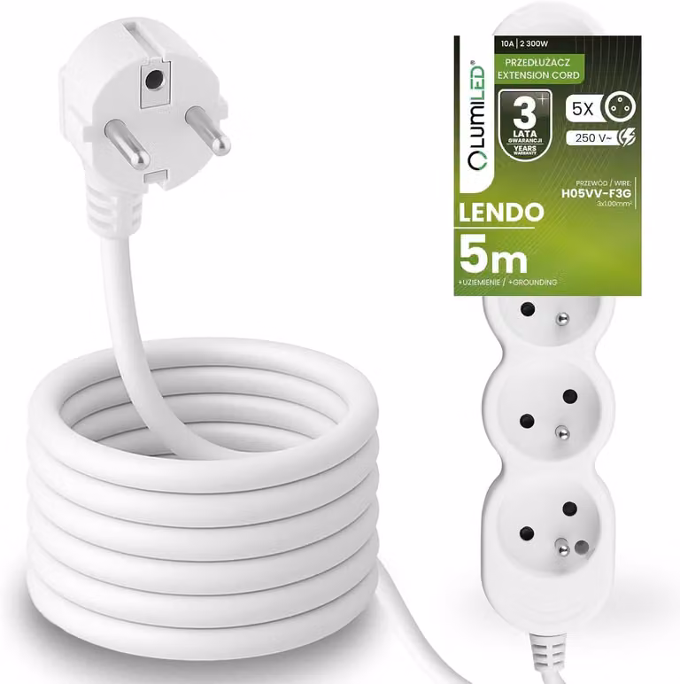 Presa multipla LUMILED Presa multipla 5 volte tipo E, cavo da 5 m H05VV-F3G, bianco, presa multipla E spina 10A 2300W 250V IP20 staffa per sospensione