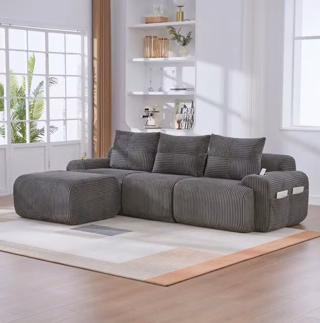 Divano modulare 3 posti con portabicchiere e tasca laterale 268x174x80 cm; grigio scuro in velluto a coste
