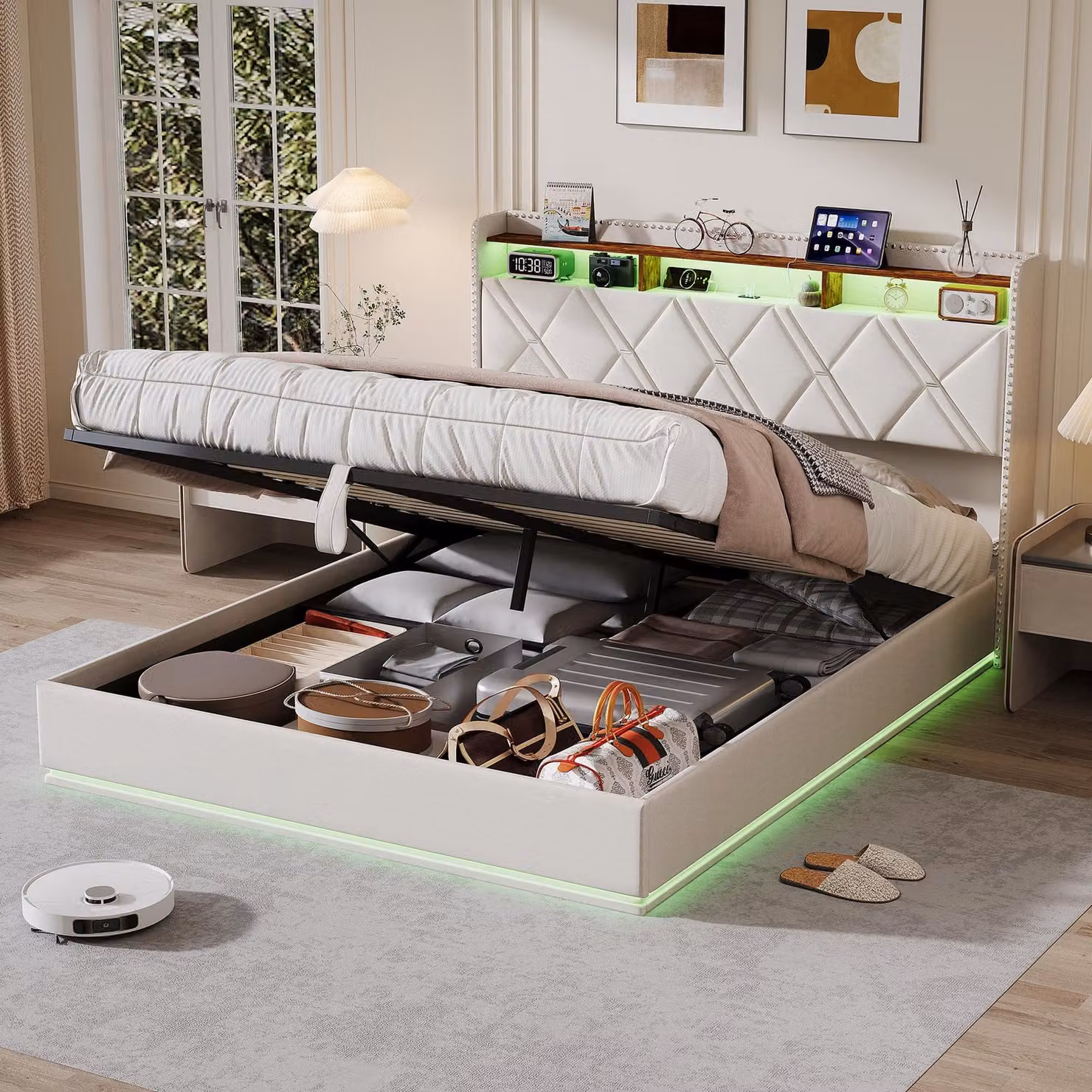 Letto imbottito idraulico ProximaX 140x200 cm con porte di ricarica USB e Type-C, letto matrimoniale per ragazzi con LED, letto contenitore per biancheria, beige
