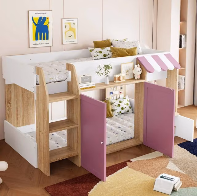 Letto a soppalco basso ULEVR 90x200 cm a forma di casa con scala ampia, vani con ante, bianco e rosa