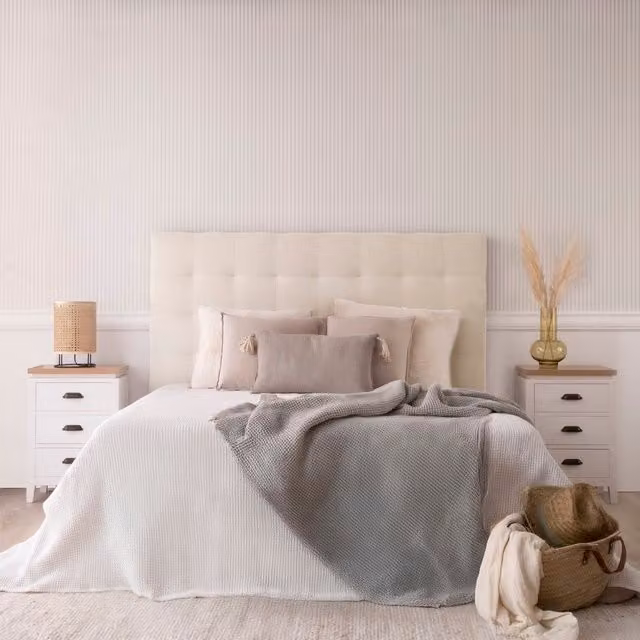 Testiera imbottita Neris Banak beige per letto moderno in tessuto e MDF, Altezza: 120 cm
