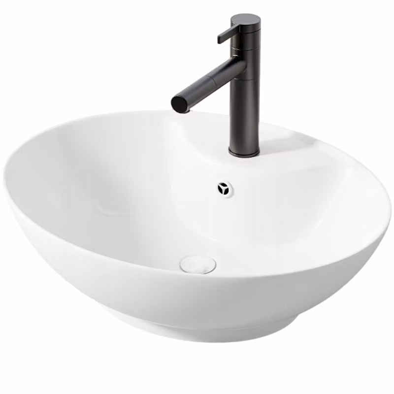 Lavabo da appoggio ovale in Vetroceramica bianca con foro di troppo pieno