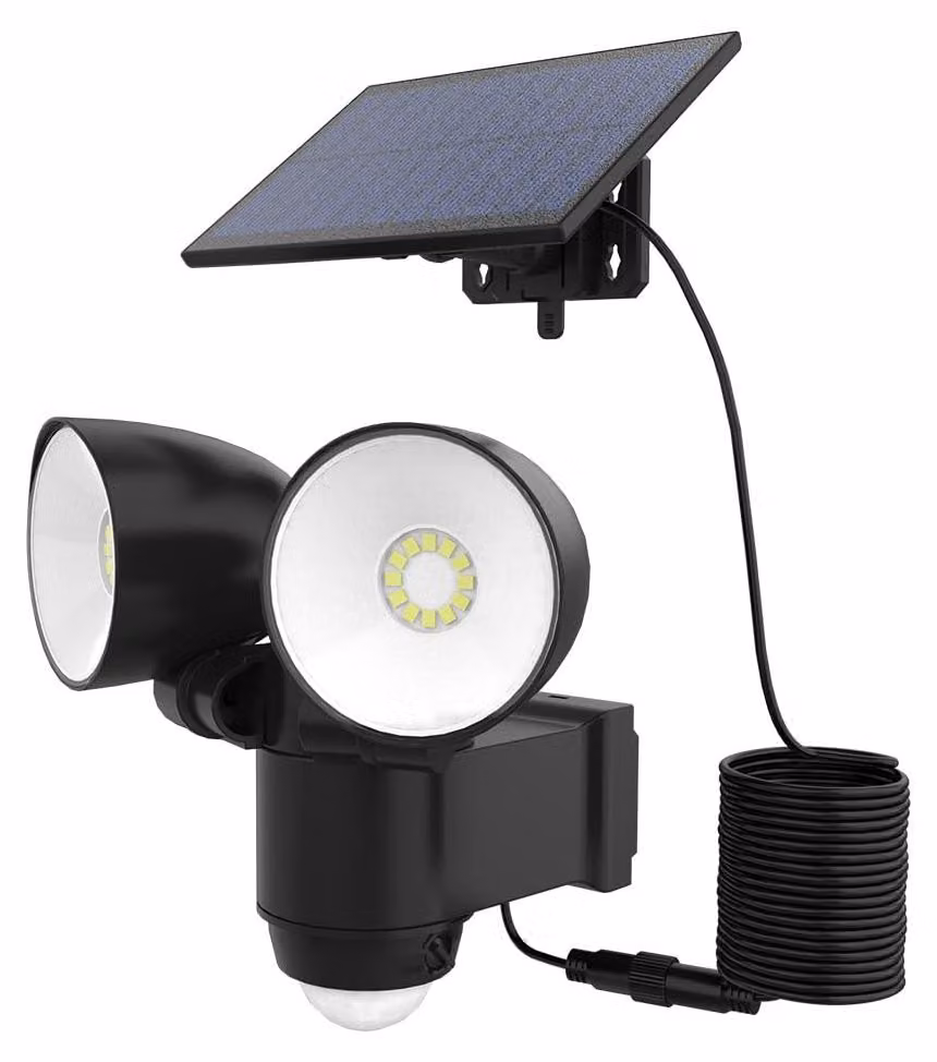 Lampada solare con 2 luci orientabili, sensore di movimento, 1000 lumen, colore nero