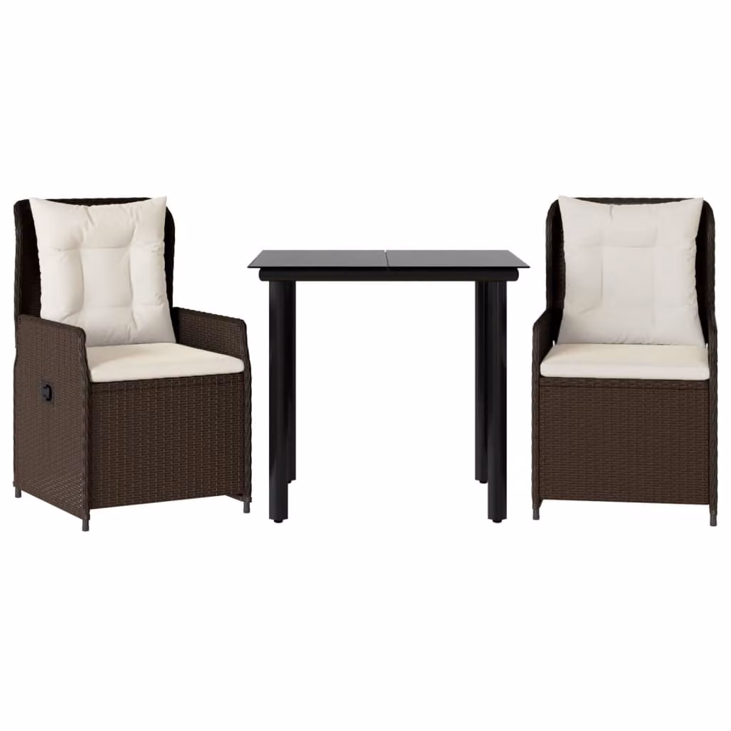 Set da Pranzo da Giardino 3pz con Cuscini in Polyrattan Marrone