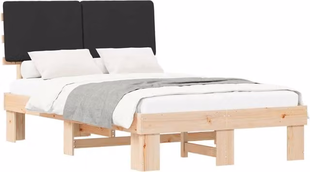 Letto matrimoniale | Letto per adulti | Letto con Testiera Rivestita Nero 120 x 200 cm Pino massello
