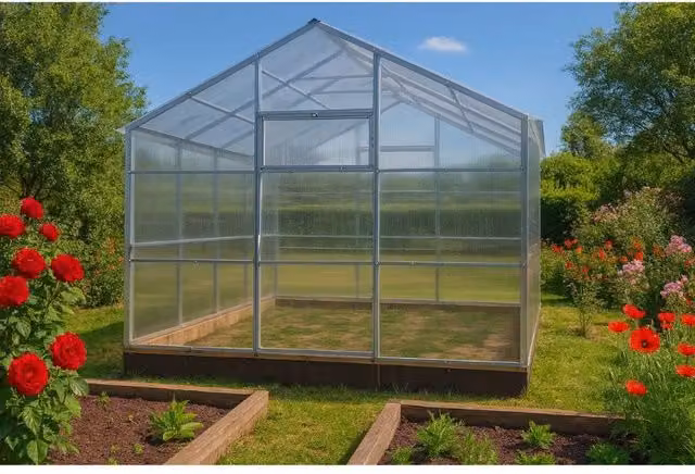 Serra da giardino con rivestimento in policarbonato trasparente e struttura in acciaio zincato, L: 10 m, P: 3 m, H: 2,42 m