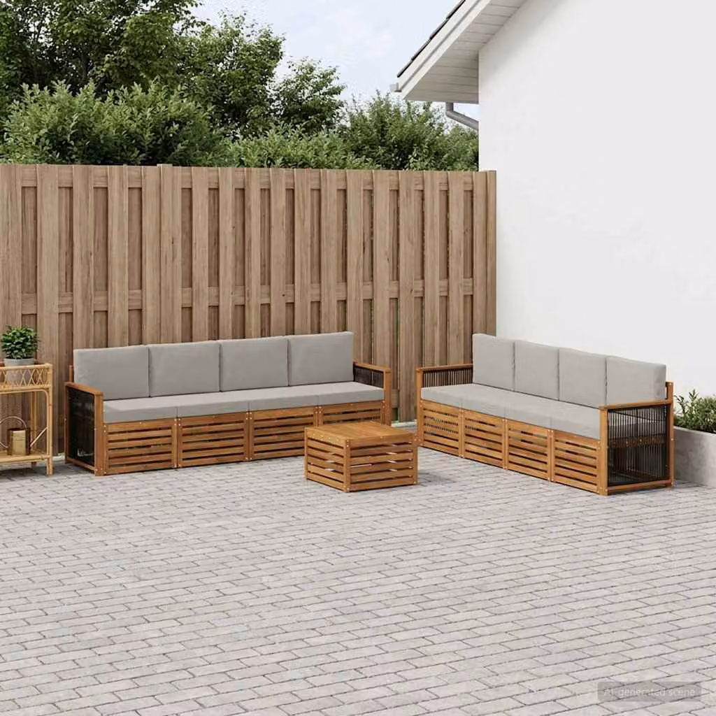 Set di divani da esterno vidaXL a forma di U composto da 9 pezzi in legno di acacia con cuscini, colori beige, grigio e marrone
