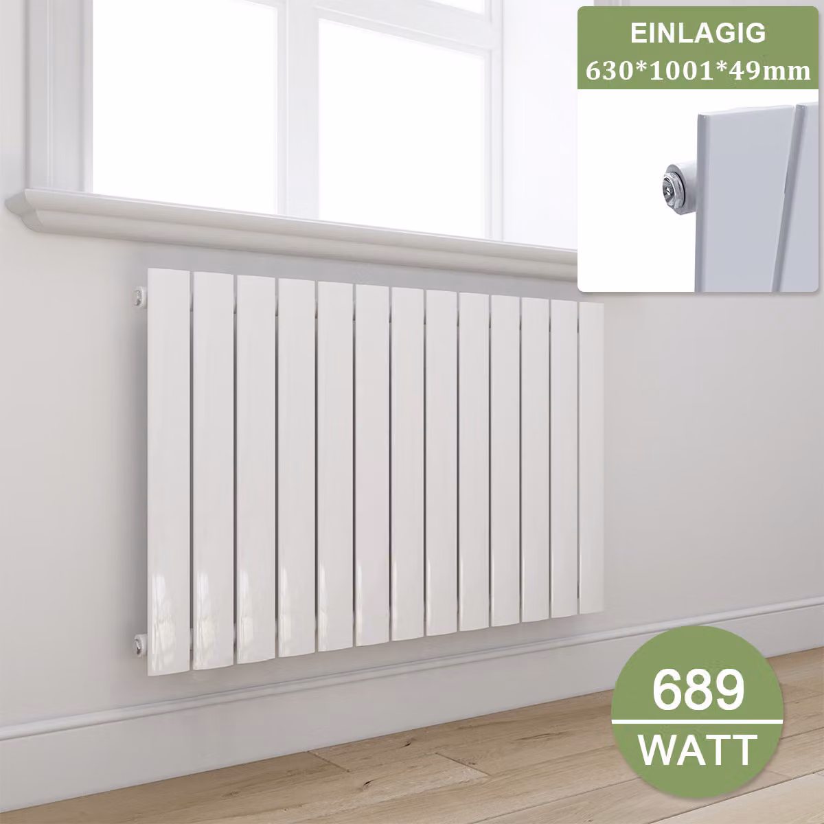 RISCALDATORE DA PARETE DESIGN ELEGANTE, MODELLO A PANNELLO, ORIZZONTALE, ATTACCO LATERALI, 630x1001 mm, BIANCO, A SINGOLO STRATO, SENZA RESISTENZA