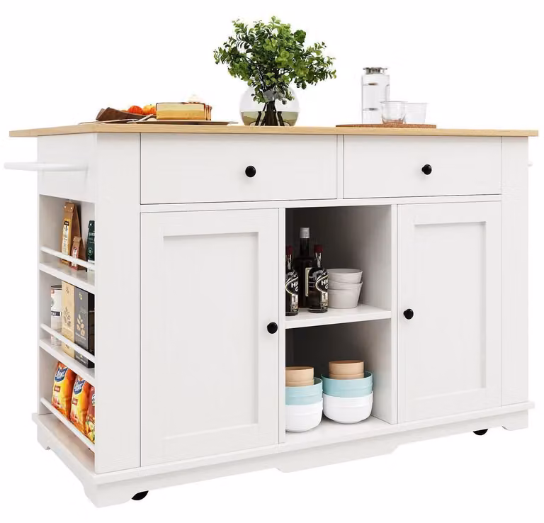 Isola da cucina con presa multipla e piano di lavoro pieghevole, colore bianco, 151,5 cm